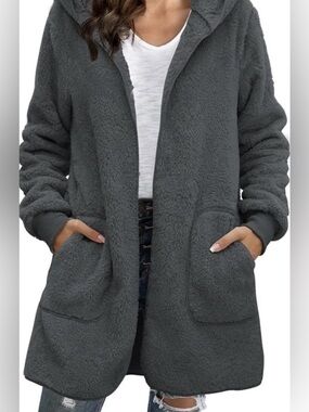 Oversized Women’s Hooded Open Front Fleece Sherpa Jacket Cardigan Coat Size S